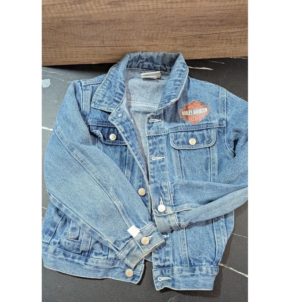Harley Davidson Kids Denim Jacket Blue Trucker Embroidered‎ Motorcycle Size 6/7